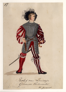 32712 Afbeelding van een kostuumontwerp van de Gelderse ritmeester Rolof van Lennep, figurant in de maskerade van de ...